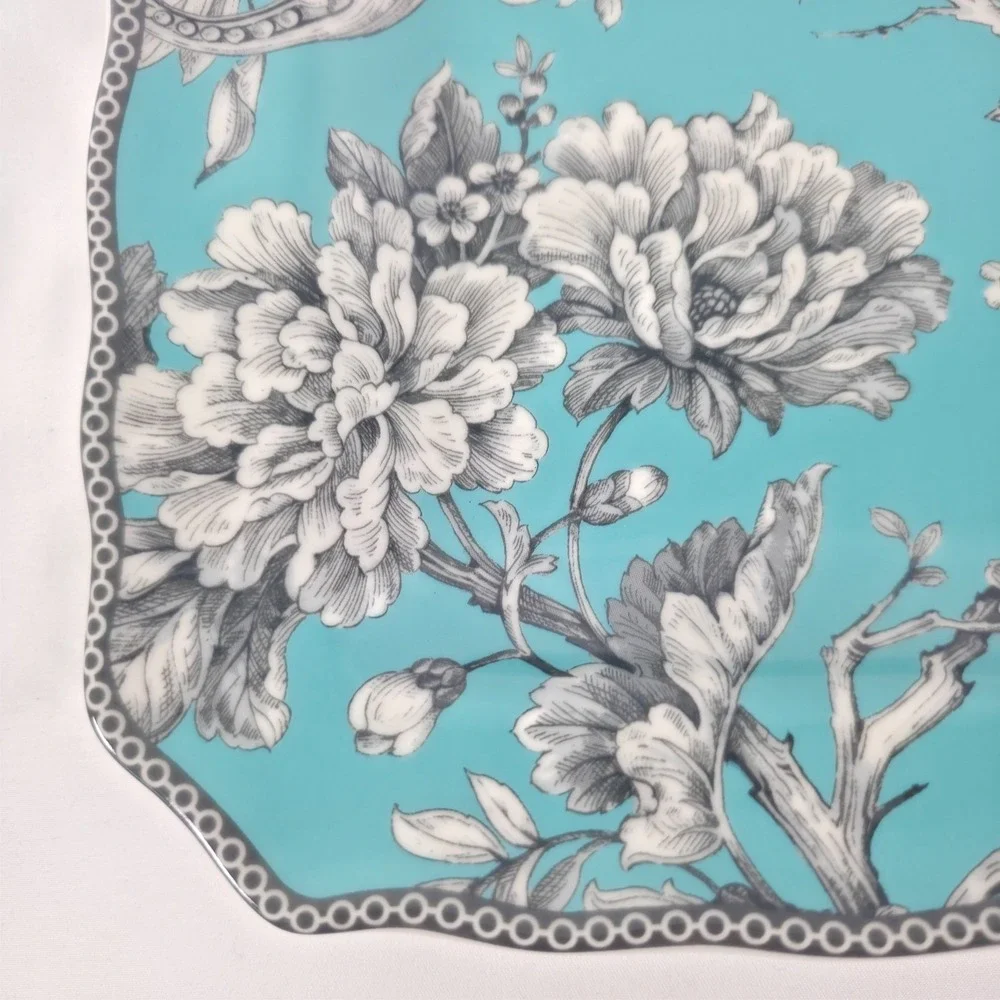 222 Fifth Adelaide Salad Plate Turquoise Floral Bird 8.6" Porcelain Square - Picture 3 of 5